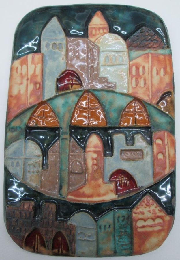 Handmade glazed Ceramic tile Jerusalem houses with its different types of buildings. Dimension 17.5 cm X 26.3 cm approximately.