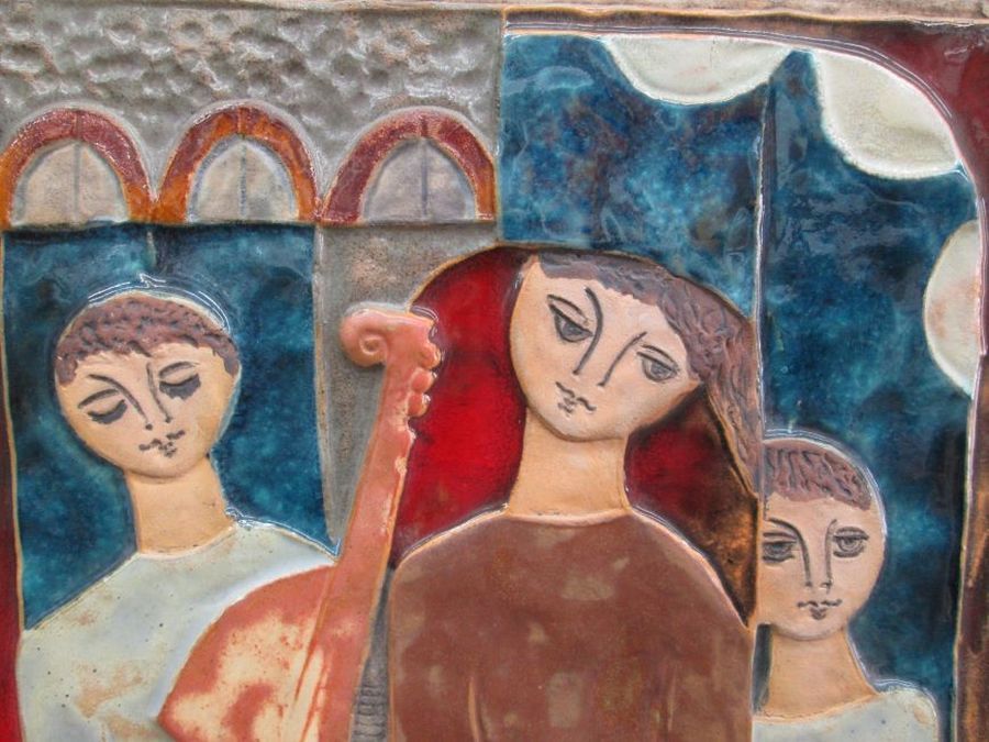 Ruth Factor Ceramic Tile Musical Band Playing Guitar ,Harp, Flute handmade glazed ceramic tile musical band playing.