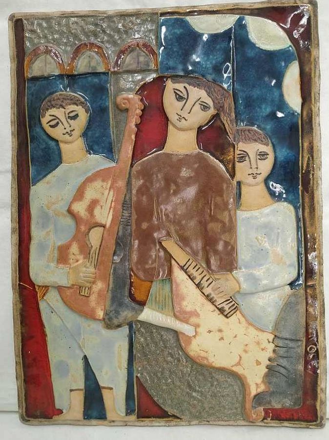 Ruth Factor Ceramic Tile Musical Band Playing Guitar ,Harp, Flute handmade glazed ceramic tile musical band playing.