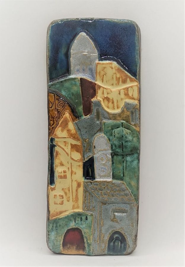 Handmade glazed ceramic Tile Jerusalem houses rectangular city of Jerusalem with its different ages structures. Dimension 8.3 cm X 21.3 cm.