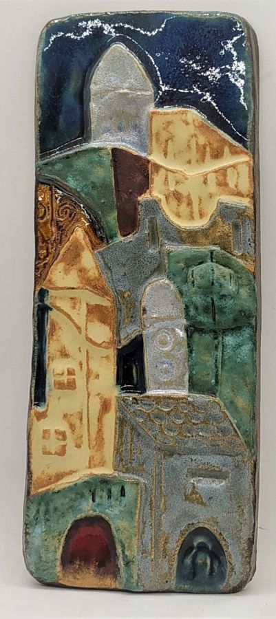 Handmade glazed ceramic Tile Jerusalem houses rectangular city of Jerusalem with its different ages structures. Dimension 8.3 cm X 21.3 cm.