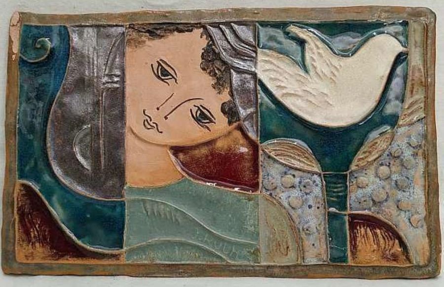 Handmade glazed ceramic White dove peace tile where King David plays the harp & prays for peace upon Jerusalem.