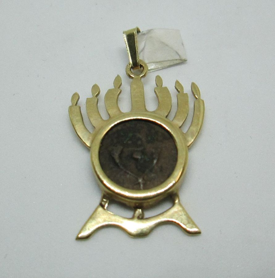 Handmade 14 carat gold pendant antique coin Hashmonay set in a Menorah shape an ancient Hashmonay genuine coin King Janus.