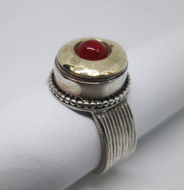Handmade sterling silver & 14 carat gold silver Agate ring contemporary style ring set with orange Agathe stone & hammered gold.