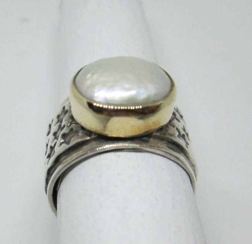 Handmade sterling silver gold Pearl ring 14 carat gold contemporary style ring set with genuine Moby Pearl.