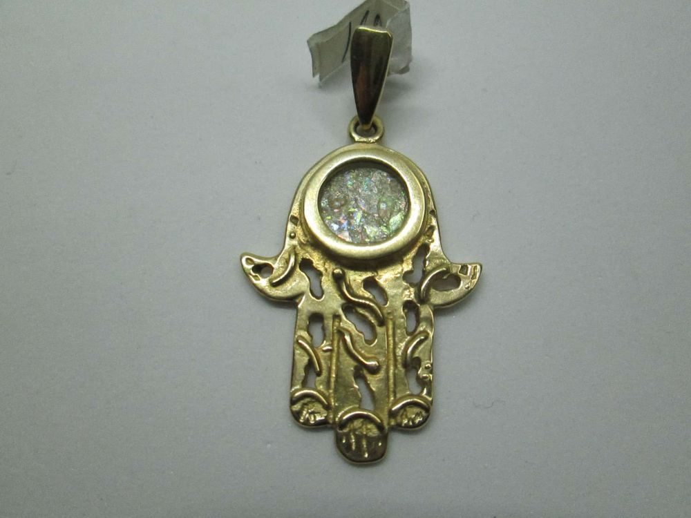 14 Carat Gold Hamsa Chamsa Pendant Roman Glass. Handmade Hamsa contemporary set with ancient Roman glass. Dimension 2 cm X 2.2 cm X 0.2 cm approximately.