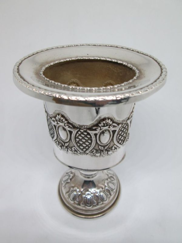Handmade sterling silver Havdalah candle holder pressed designs around candle holder. Dimension 7.1 cm X 5.5 cm X 10.5 cm approximately.