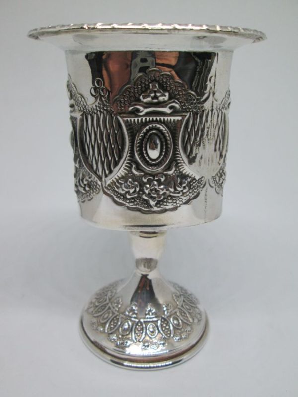 Handmade sterling silver Embossed Havdalah candle holder design around holder. Dimension 6.9 cm X 5 cm X 10.4 cm approximately.