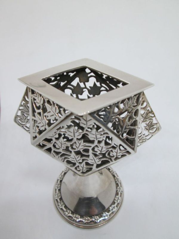 Handmade sterling silver Havdalah candle holder leaf with cut out all around candle holder. Dimension 8.7 cm X 4.7 cm X 12 cm approximately.
