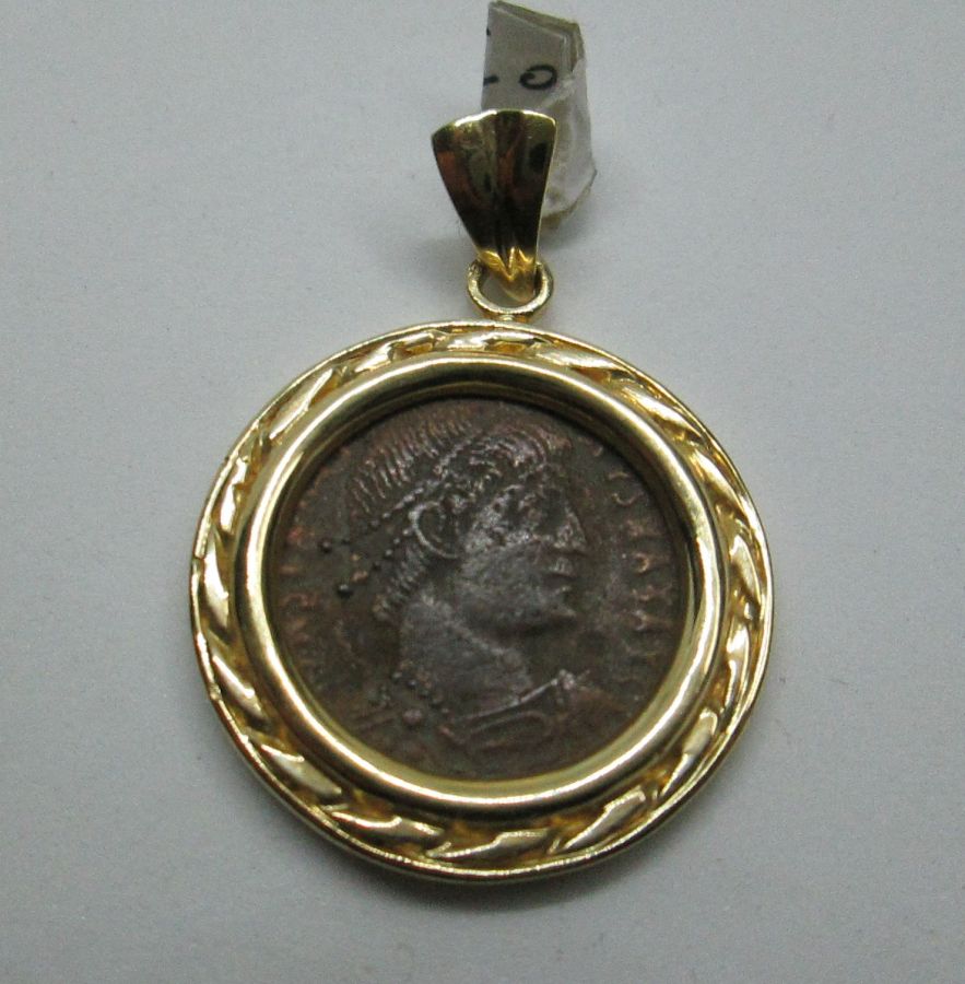 14 Carat gold pendant set Roman coin set with ancient genuine bronze Roman coin 4th century AD and ornate gold frame found in Israel.