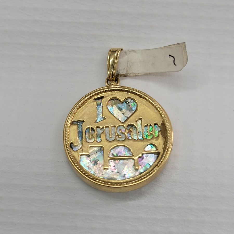 14 Carat Gold Pendant Roman Jerusalem. 14 carat gold pendant handmade Jerusalem design with heart shape set with ancient Roman glass.