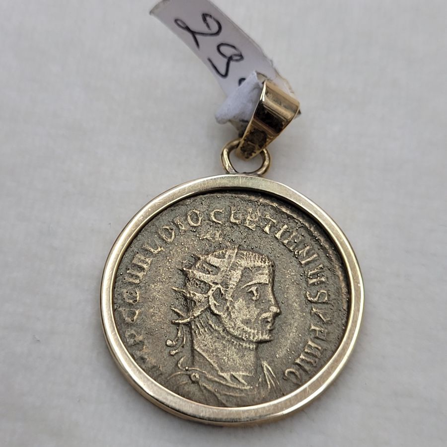 14 Carat gold antique coin gold pendant set with antique genuine bronze gold plated Roman coin dated 4th century AD. diameter 2.1 cm X 0.25 cm X 2.9 cm.