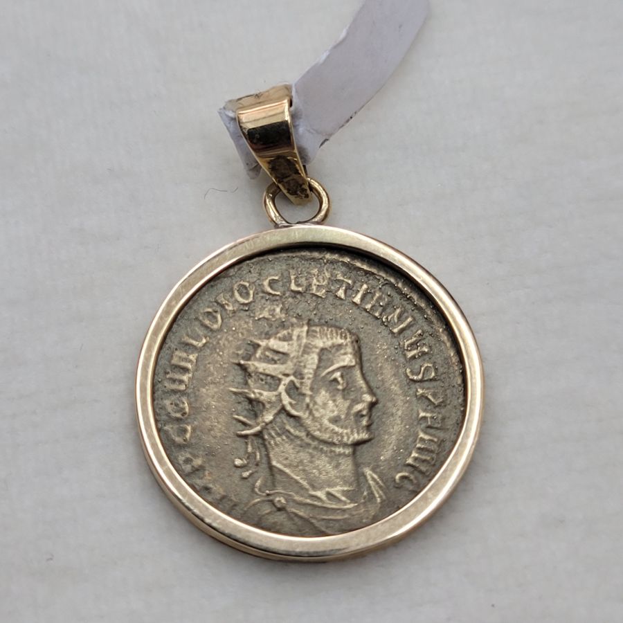 14 Carat gold antique coin gold pendant set with antique genuine bronze gold plated Roman coin dated 4th century AD. diameter 2.1 cm X 0.25 cm X 2.9 cm.