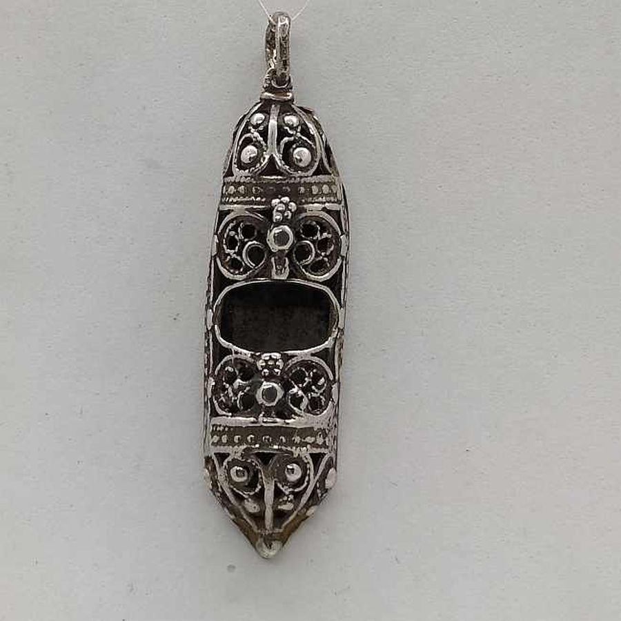Sterling silver Mezuzah pendant filigree wide handmade with Yemenite filigree half rounded shape. Dimension 1.2 cm X 0.7 cm X 4 cm approximately.