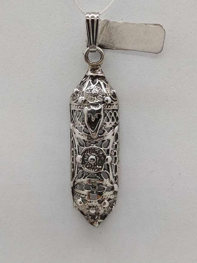 Sterling silver wide Mezuzah pendant filigree handmade with Yemenite filigree. Dimension 1 cm X 0.5 cm X 3.2 cm approximately.