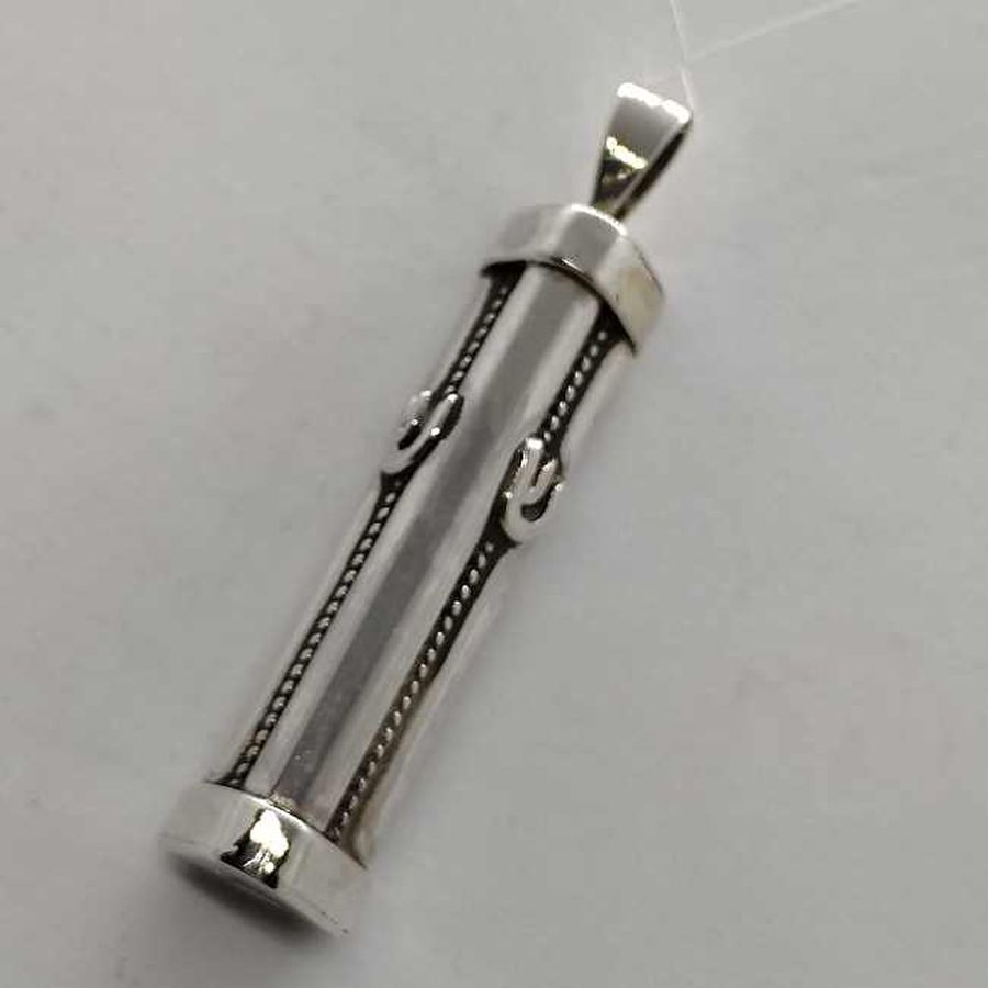 Handmade sterling silver Mezuzah pendant 3 Shins, one on each side of pendant made by S. Ghatan(Katan).Dimension 1.1 cm X 1.05 cm X 4.2 approximately.