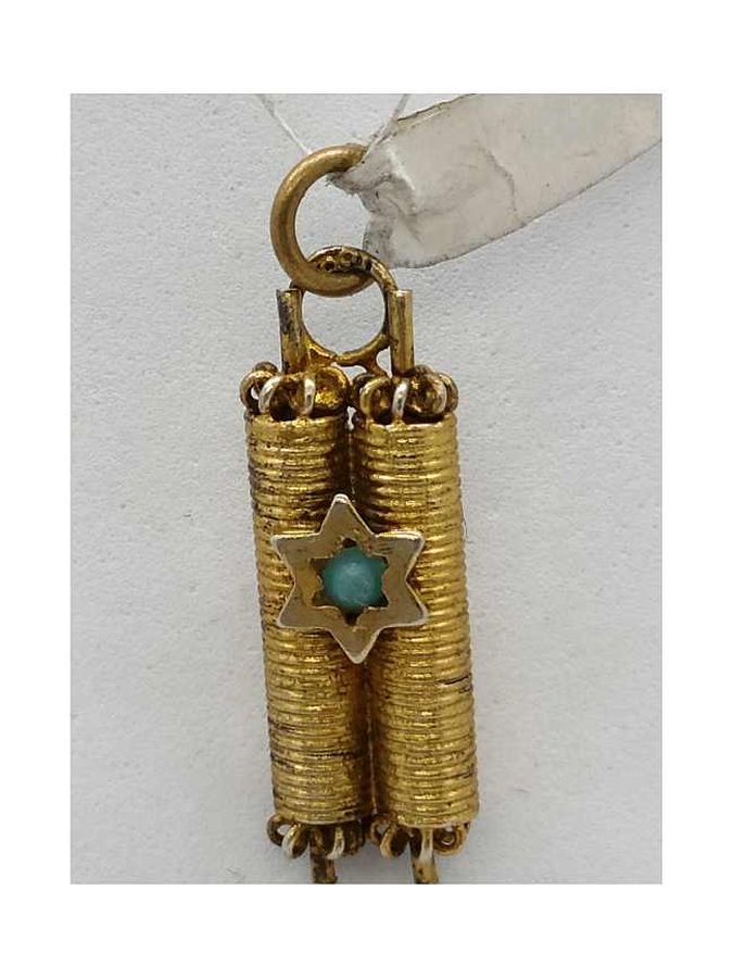 Handmade sterling silver gold plated pendant Torah Scroll Turquoise stone set in star of David. Dimension 0.7 cm X 0.4 cm X 2 cm approximately.