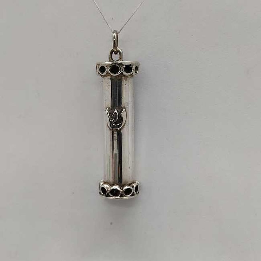 Handmade sterling silver Mezuzah pendant half round by S. Ghatan(Katan) with round loops designs. Dimension 1.1 cm X 0.8 cm X 3.6 cm approximately.