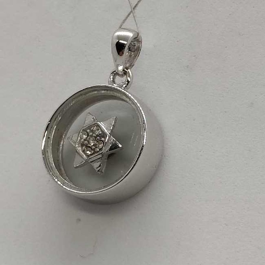 MagenDavid Star Round Mobile pendant set with 4 white zircon stones . The star spins in its round frame by your slightest move.