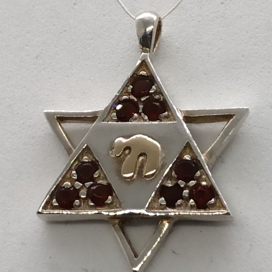 Handmade sterling silver Magen David star Hay Garnets pendant, combined star and 14 carat gold Hay set with 9 Garnets stones.
