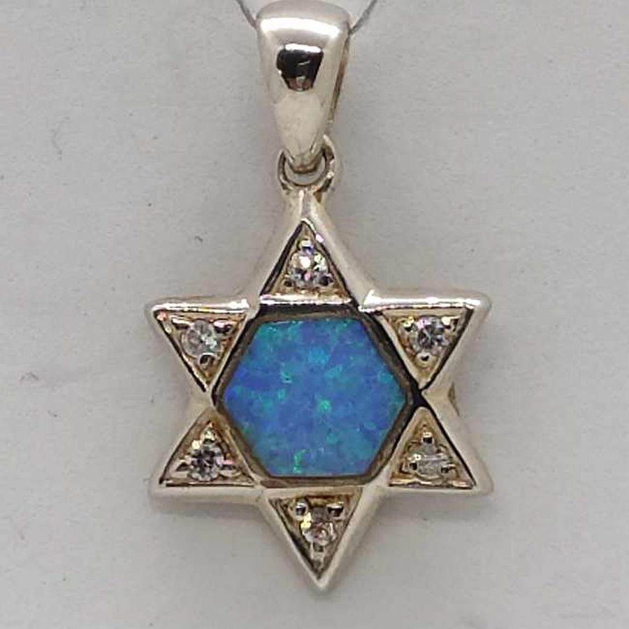 Handmade sterling silver pendant David star with hexagon Opalite in center and set with 6 white zircon stones 1.75 cm X 2 cm X 0.3 cm.