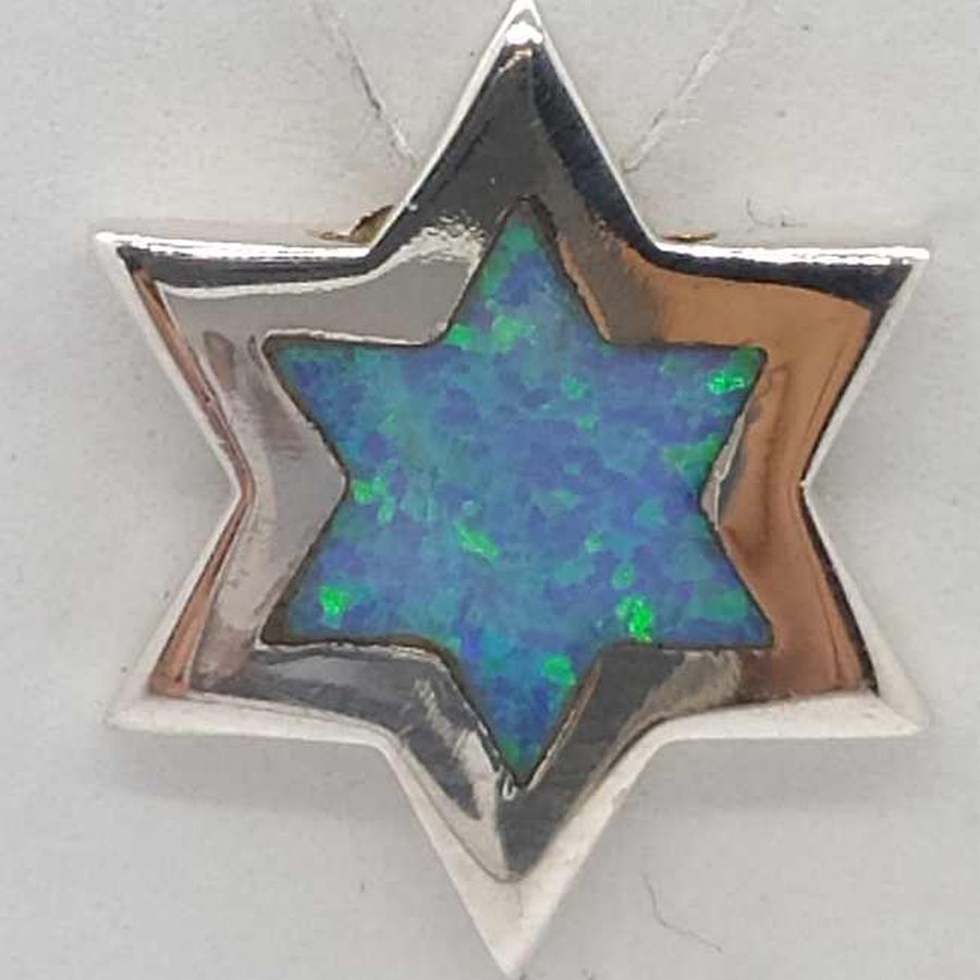 Handmade Magen David Star Opalite stone set in star with 1 opalite stone shaped in a Magen David star shape 1.8 cm X 1.9 cm X 0.35 cm.