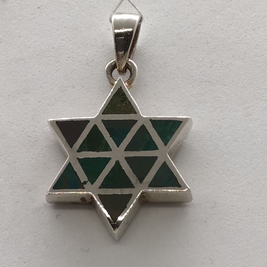 Handmade sterling silver David Star Elat stone Pendant set with 12 Elat stones triangles shaped in. Dimension 1.65 cm X 2 cm X 0.34 cm.