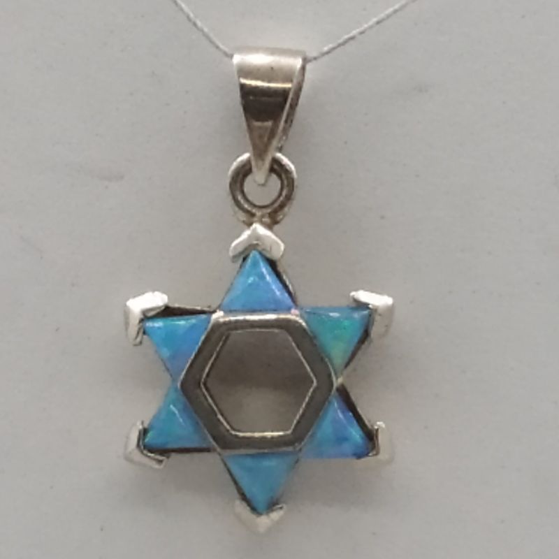Sterling Silver Mini Magen David Pendant set with 6 triangle Opalite stones. Dimension 1.2 cm X 1.35 cm X 0.3 cm approximately.