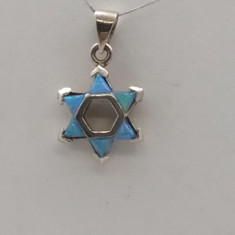 Sterling Silver Mini Magen David Pendant set with 6 triangle Opalite stones. Dimension 1.2 cm X 1.35 cm X 0.3 cm approximately.