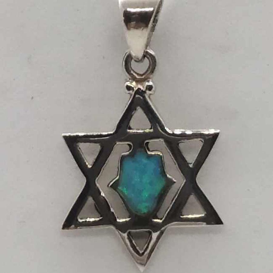 Opalite Hamsa traditional shape set in David Star Opalite Hamsa. The Hamsa is considered as a protection against evil eye.