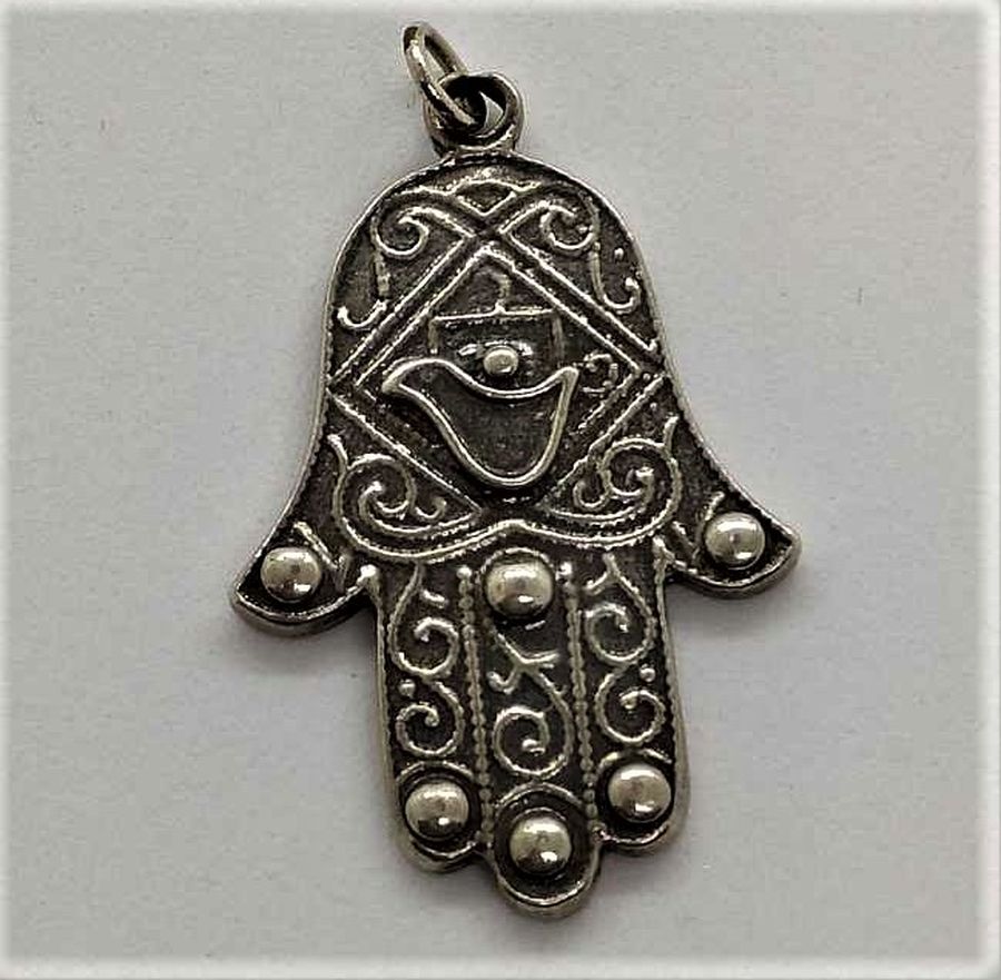 Handmade sterling silver Hamsa Chamsa pendant dove contemporary style heavy silver with dove shape on top. Dimension 2.5 cm X 3.5 cm X 0.3 cm approximately.