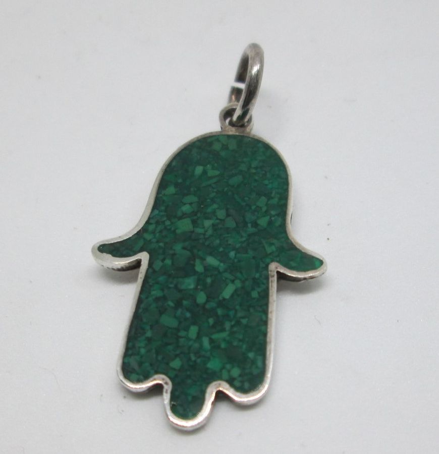 Sterling silver Chamsa Hamsa pendant Elat palm handmade set with Elat stone palm shape 1.9 cm X 2.9 cm X 0.2 cm approximately.