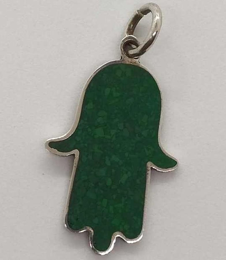 Sterling silver Chamsa Hamsa pendant Elat palm handmade set with Elat stone palm shape 1.9 cm X 2.9 cm X 0.2 cm approximately.