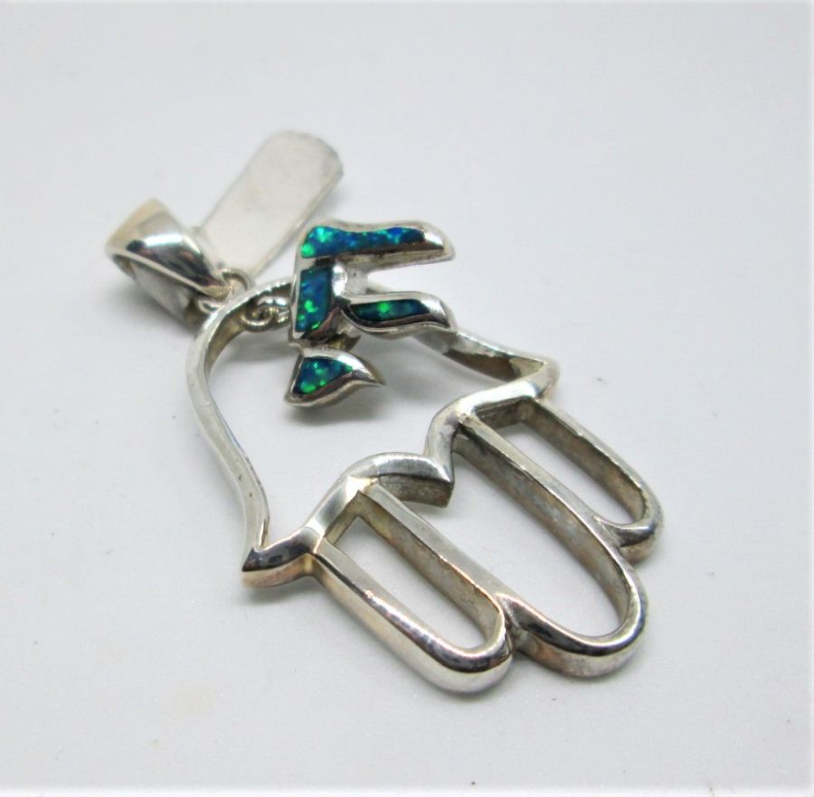 Handmade sterling silver Hamsa Chamsa pendant mobile cut out & hanging Hay set with Opalite stone. Dimension 2.3 cm X 3 cm X 0.28 cm approximately.