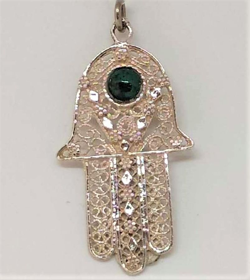 Handmade sterling silver Hamsa pendant filigree Elat stone and fine Yemenite filigree design. Dimension 4.1 cm X 2.4 cm X 0.12 cm approximately.