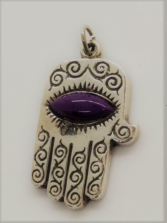 Handmade sterling silver Hamsa Chamsa pendant purple eye set with purple synthetic stone eye shape heavy silver 2.1 cm X 3 cm X 0.3 cm approximately.