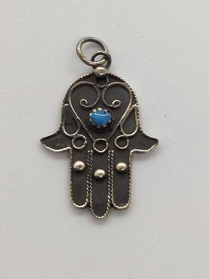 Handmade sterling silver Hamsa Chamsa pendant filigree Turquoise with Yemenite filigree designs set with 1 Turquoise 2 9 cm X 2.3 cm X 0.15 cm.
