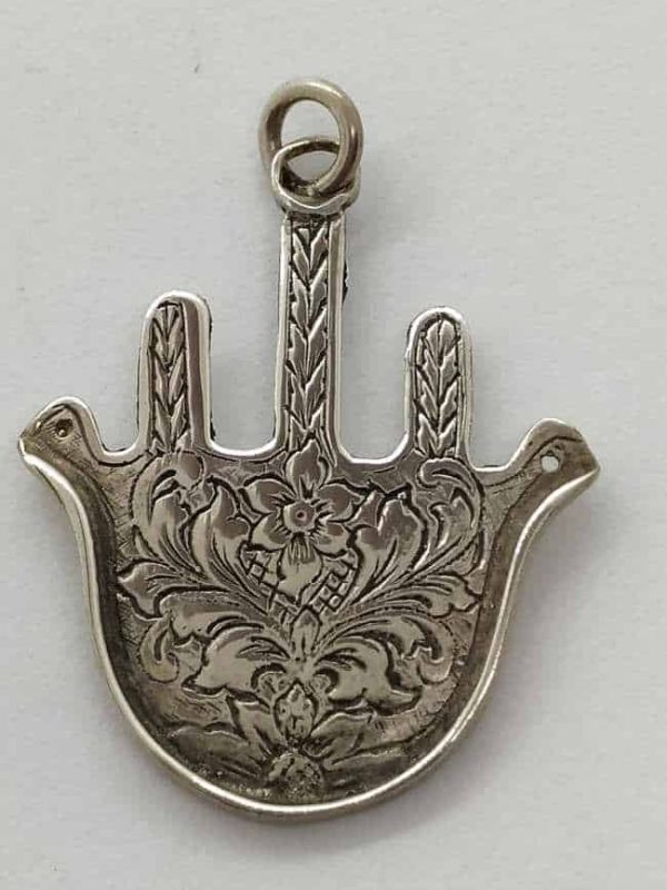Sterling Silver Hamsa Chamsa Pendant Moroccan Big. Handmade Hamsa with floral engravings designs. Dimension 2 8 cm X 3 cm X 0.2 cm approximately.
