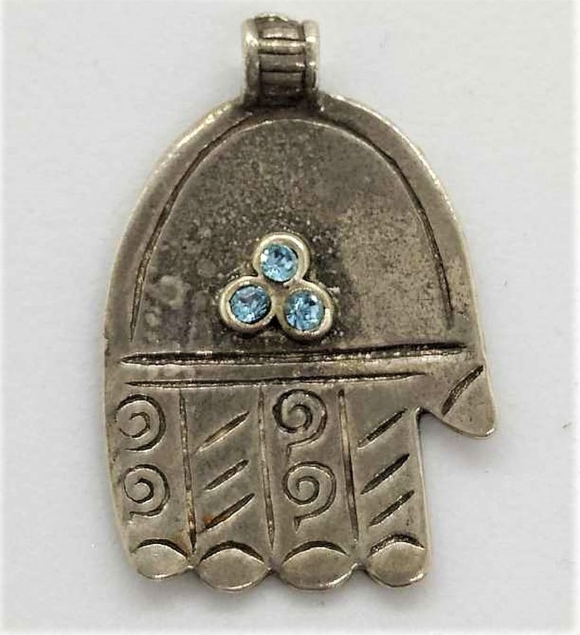 Handmade Chamsa Hamsa pendant blue crystals stones with engravings designs set with 3 blue crystal stones 1.85 cm X 2.4 cm X 0.15 cm approximately