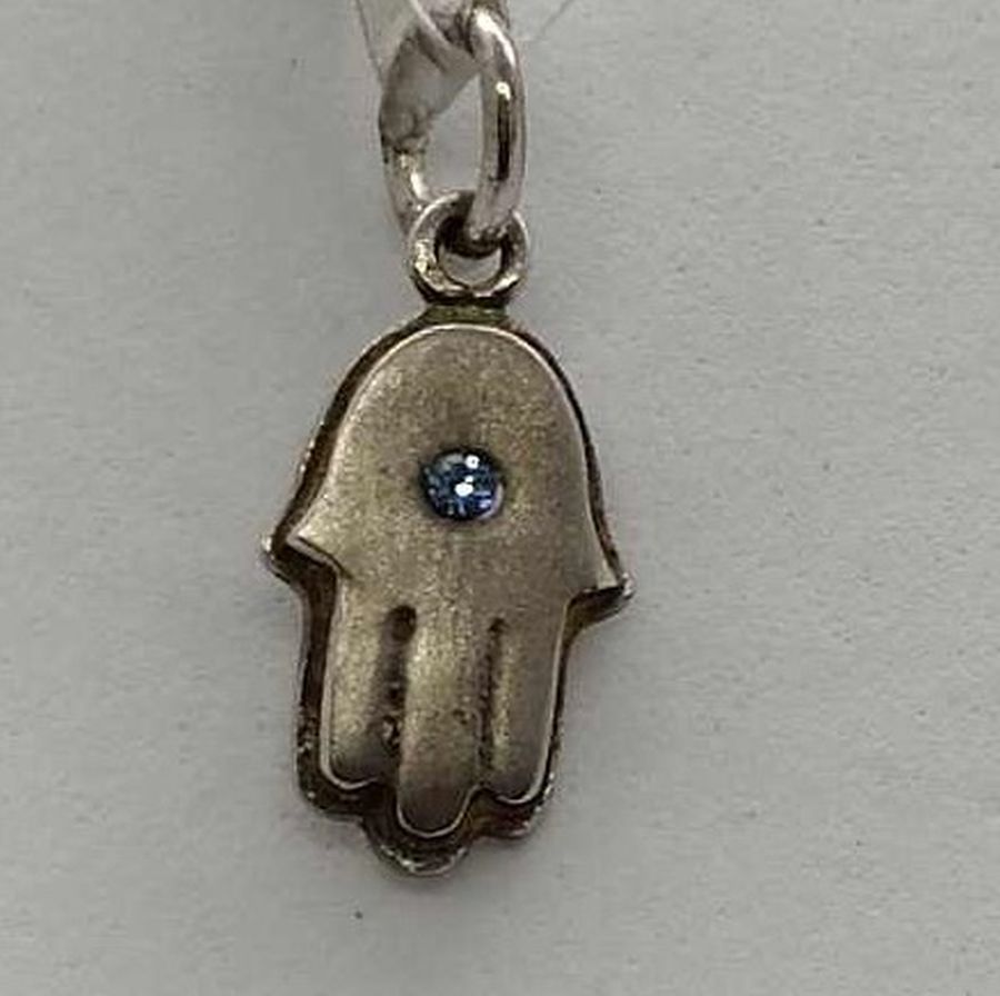 Handmade sterling silver Hamsa Chamsa pendant small size set with blue stone small hamsa. Dimension 1.4 cm X 0.9 cm X 0.2 cm approximately.