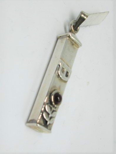 Sterling silver Mezuzah pendant Amethyst handmade by S. Ghatan (Katan) with flower & Amethyst cabochon stone cut 0.65 cm X 0.5 cm X 3.2 cm approximately.