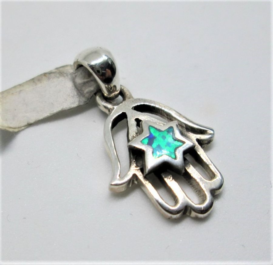 Handmade sterling silver Hamsa pendant Opalite star set with Opalite stone shaped as a star of David. Dimension 1.6 cm X1.3 cm X0.3 cm approximately.
