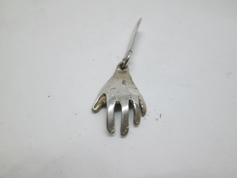 Handmade sterling silver Hamsa Chamsa pendant Chai natural hand shape holding a Chai. Dimension 1.85 cm X 1.4 cm X 0.4 cm approximately.