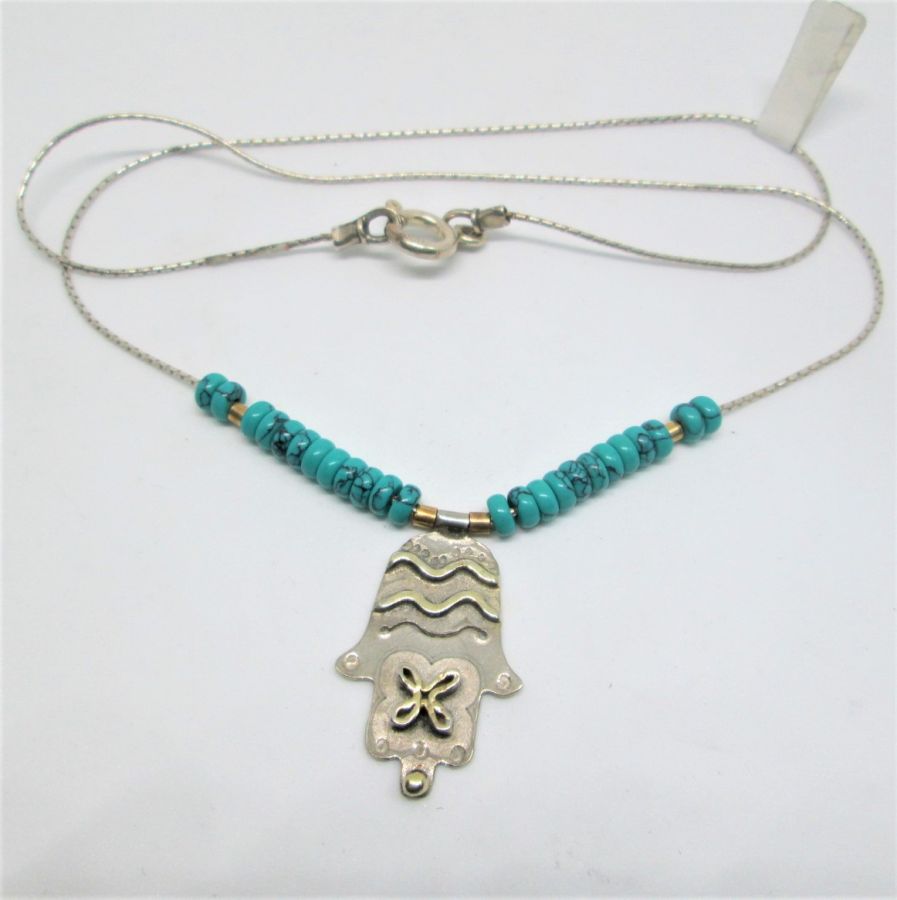 Handmade sterling silver Hamsa Chamsa pendant Turquoises contemporary necklace with Turquoise stones, Hamsa 2.3 cm X 1.6 cm X 0.1 cm chain 44 cm.