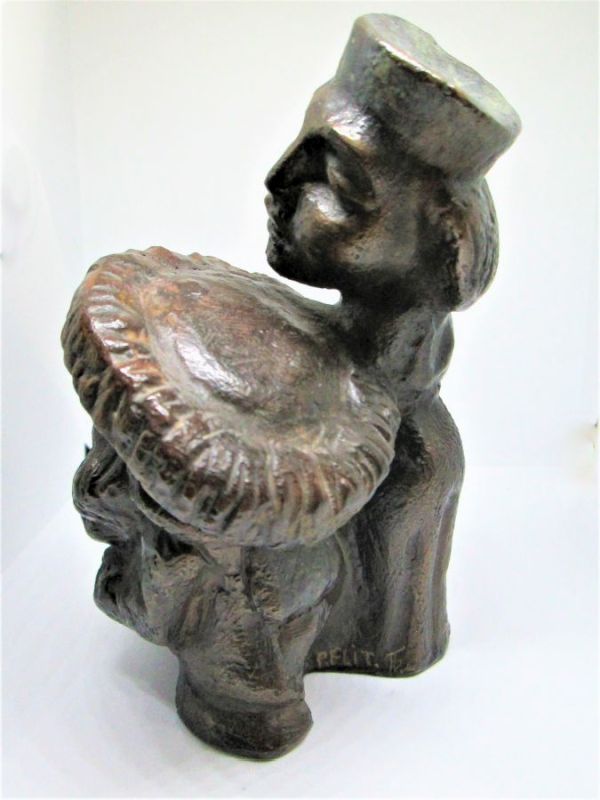An original bronze sculpture in laws of a Chassid Rabby followed by his devoted pregnant wife at their son wedding handmade by P.Flit.