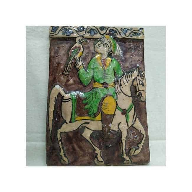 Glazed Ceramic Tile Vintage Horseman Training Falcon. Handmade glazed ceramic tile vintage made in Persia early 20th century. A horseman training his falcon