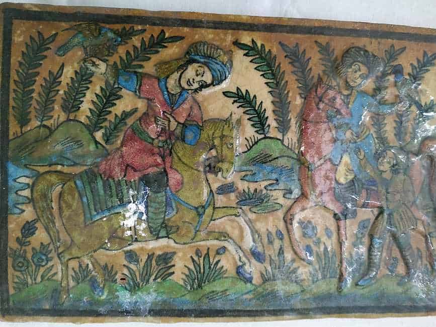 Glazed Ceramic Tile Vintage 2 Horsemen Training Falcons Competition. Handmade glazed ceramic tile vintage made in Persia end of 19th century.