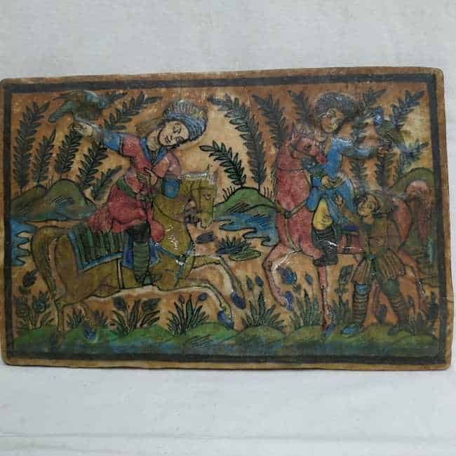 Glazed Ceramic Tile Vintage 2 Horsemen Training Falcons Competition. Handmade glazed ceramic tile vintage made in Persia end of 19th century.