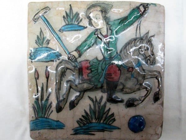 Glazed Ceramic Tile Vintage Horseman Playing Polo Game