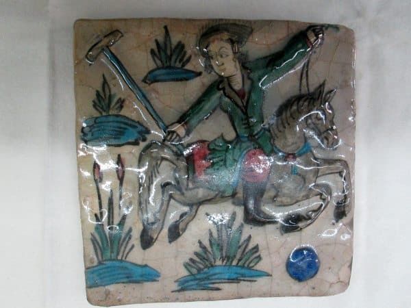 Glazed Ceramic Tile Vintage Horseman Playing Polo Game - Image 2